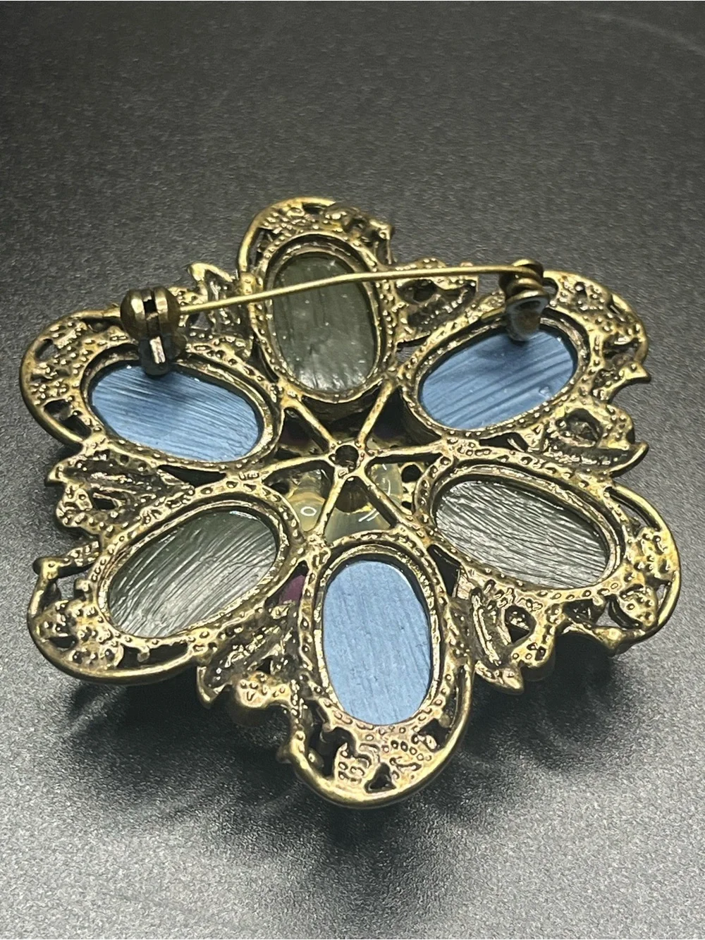 Vintage statement flower brooch iridescent resin rhinestone pin multicolor